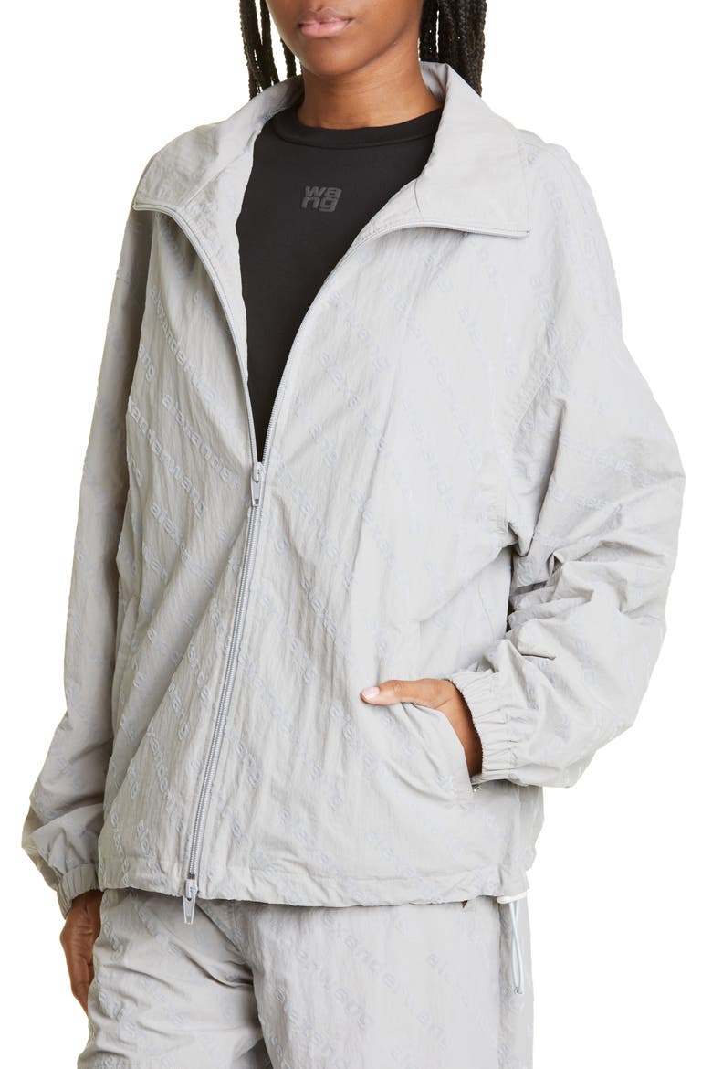 Flocked Logo Oversize Track Jacket, Alternate, color, ALLOY