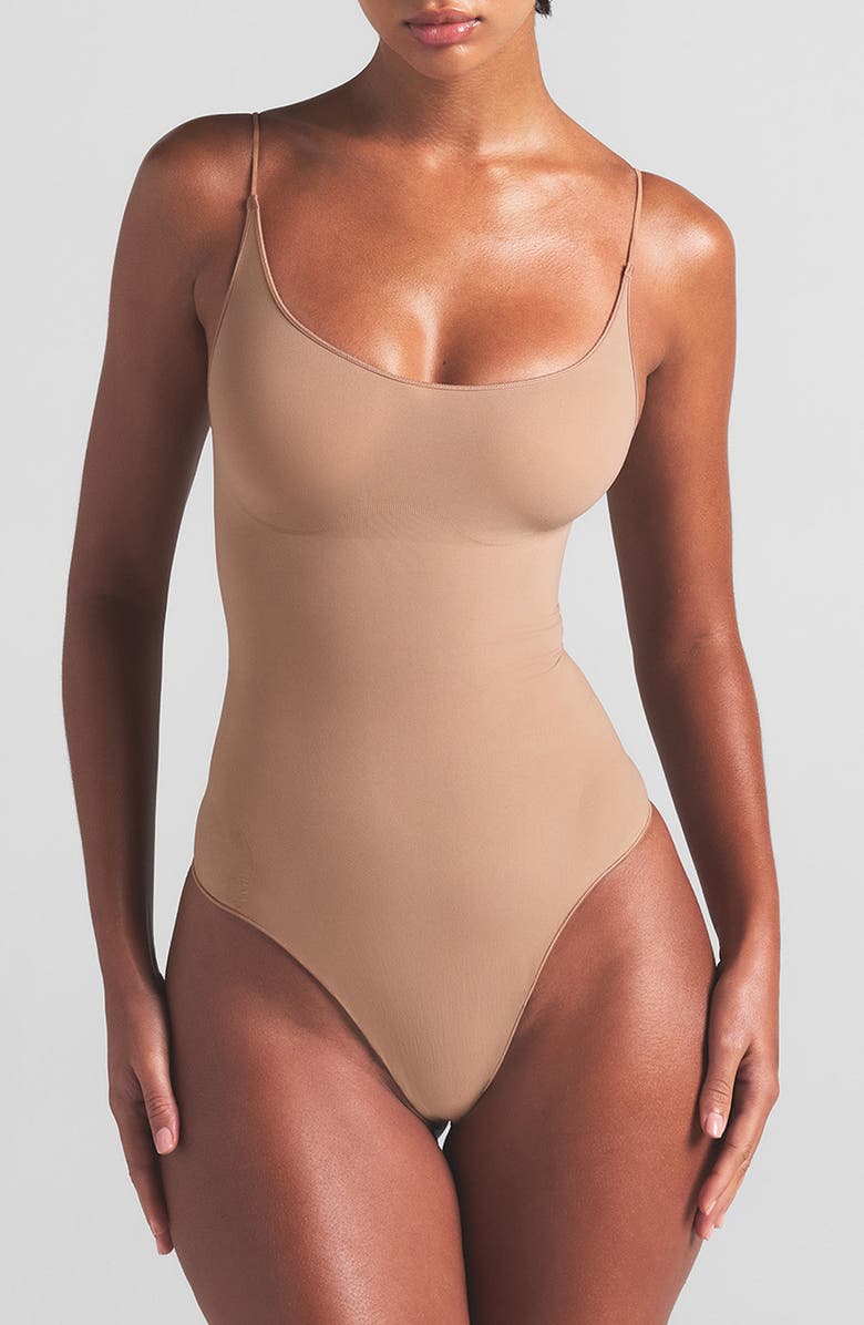SKIMS Sheer Seamless Thong Bodysuit, Main, color, Sienna