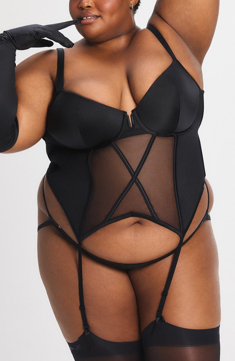 SAVAGE X FENTY Vixen Satin Underwire Basque, Alternate, color, Black Caviar
