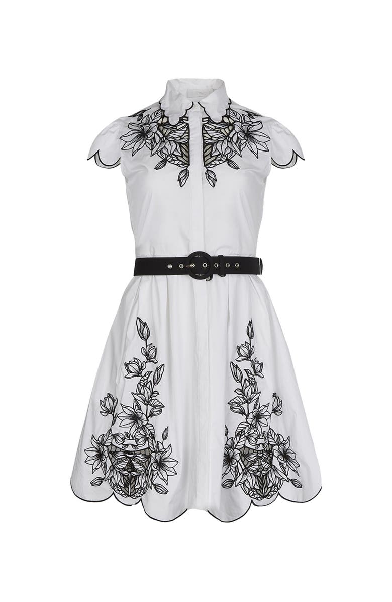 Anne Fontaine Women's Dress  Adelina White Poplin Shirt Dress With Black Embroidery Detailing, Scalloped Hem, Pockets & Removable Belt, Alternate, color, Black/White