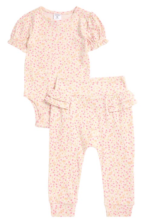 Print Cotton Bodysuit & Ruffled Joggers Set (Baby)