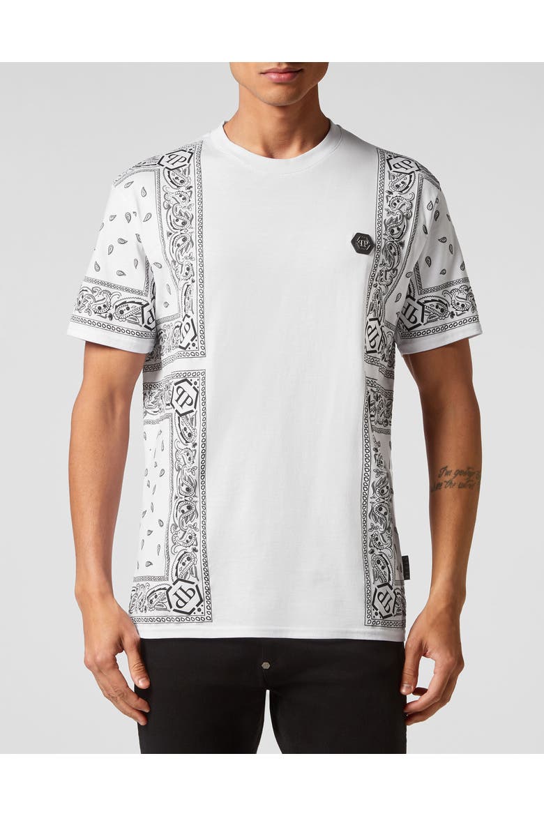 T-Shirt Round Neck Paisley Men, Main, color, white