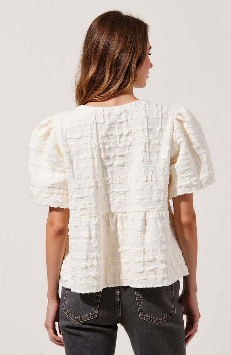 Modenaire Textured Puff-Sleeve Peplum Blouse with Bow-Tie Front, Alternate, color,