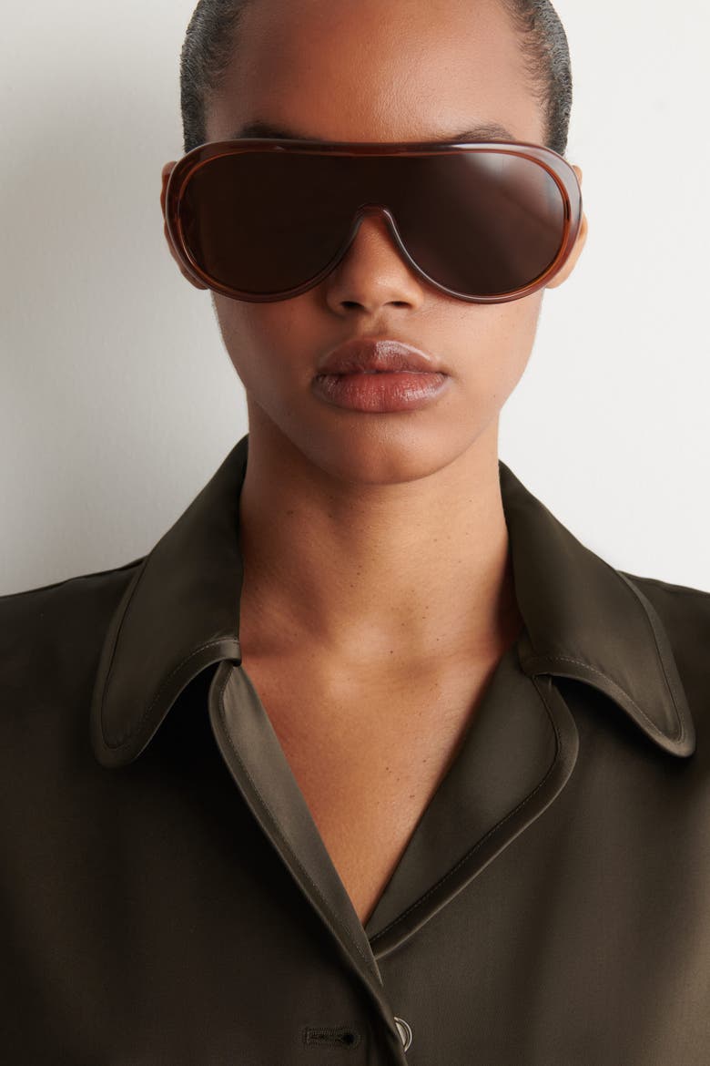 Contrast-piped Satin Shirt, Alternate, color, BROWN