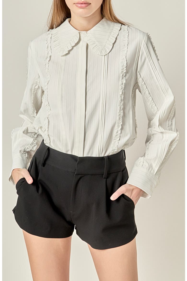 Stripe Pintuck & Ruffle Button-Up Shirt, Main, color, WHITE