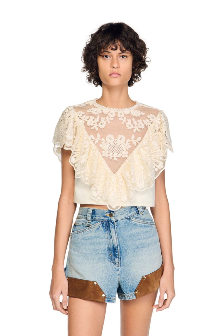 Floral guipure crop top, Main, color, Vanilla