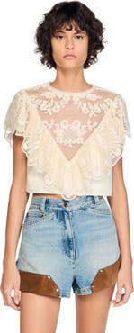 SANDRO Floral guipure crop top