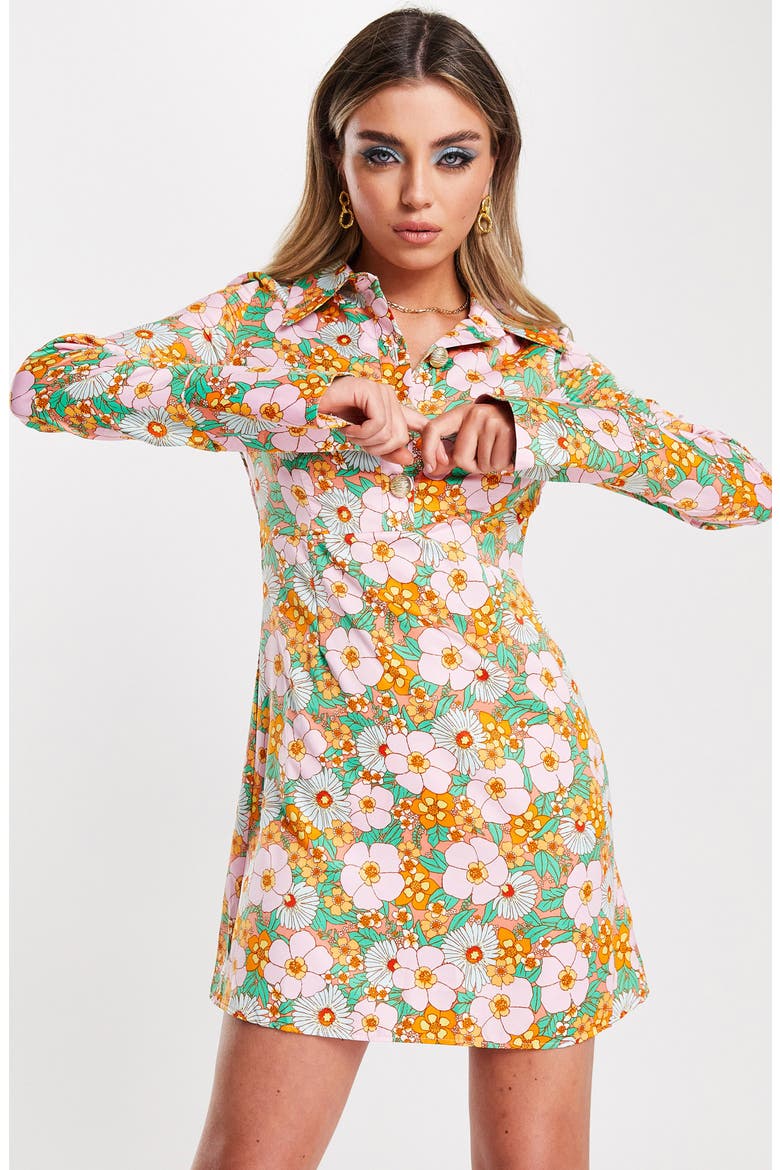 Collared Long Sleeve Button Front Minidress, Alternate, color, ORANGE MULTI
