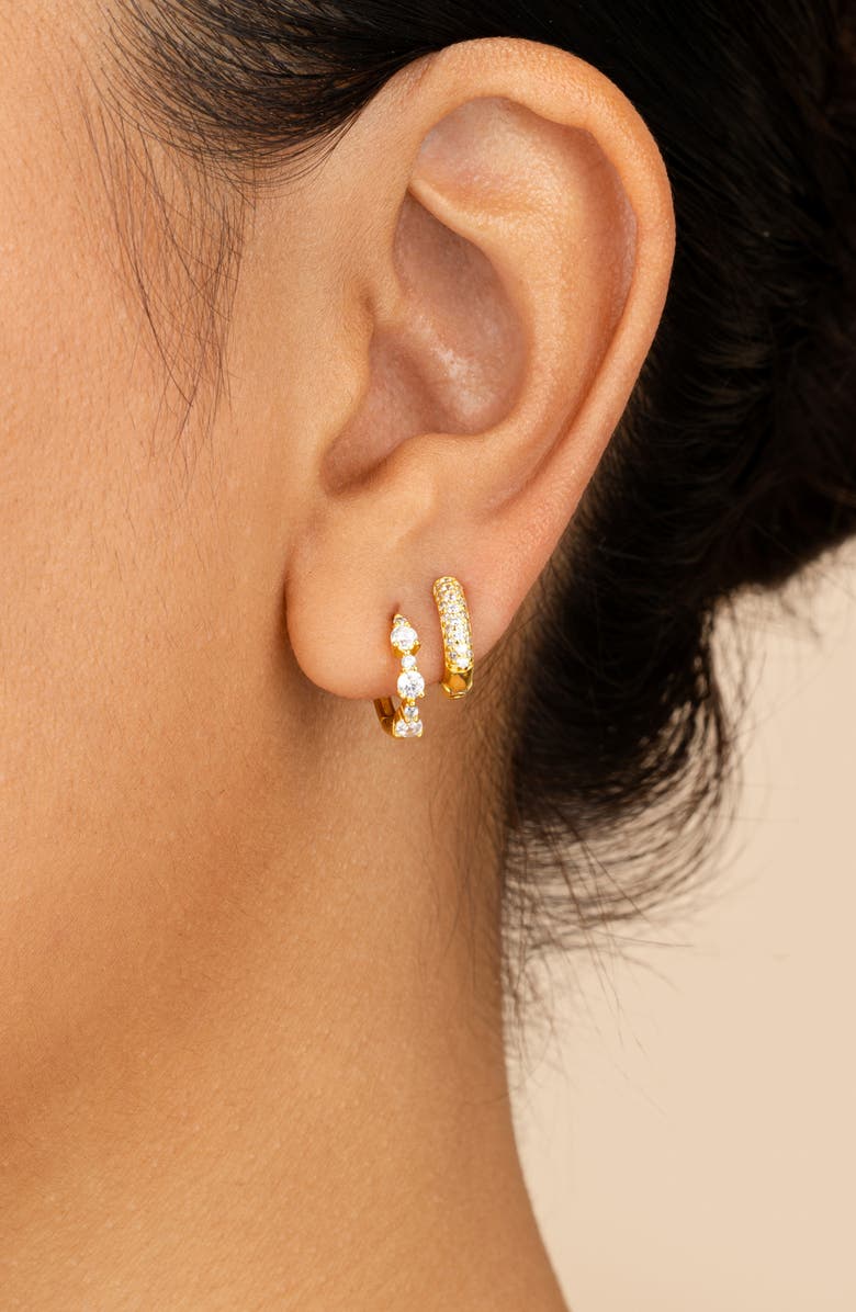 Sterling Forever Lioren Set of 2 Assorted Cubic Zirconia Micro Huggie Hoop Earrings, Alternate, color, Gold