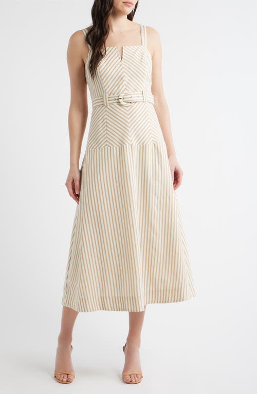 ZOE AND CLAIRE Stripe Belted Sleeveless Midi Dress in Light Brown at Nordstrom, Size Large