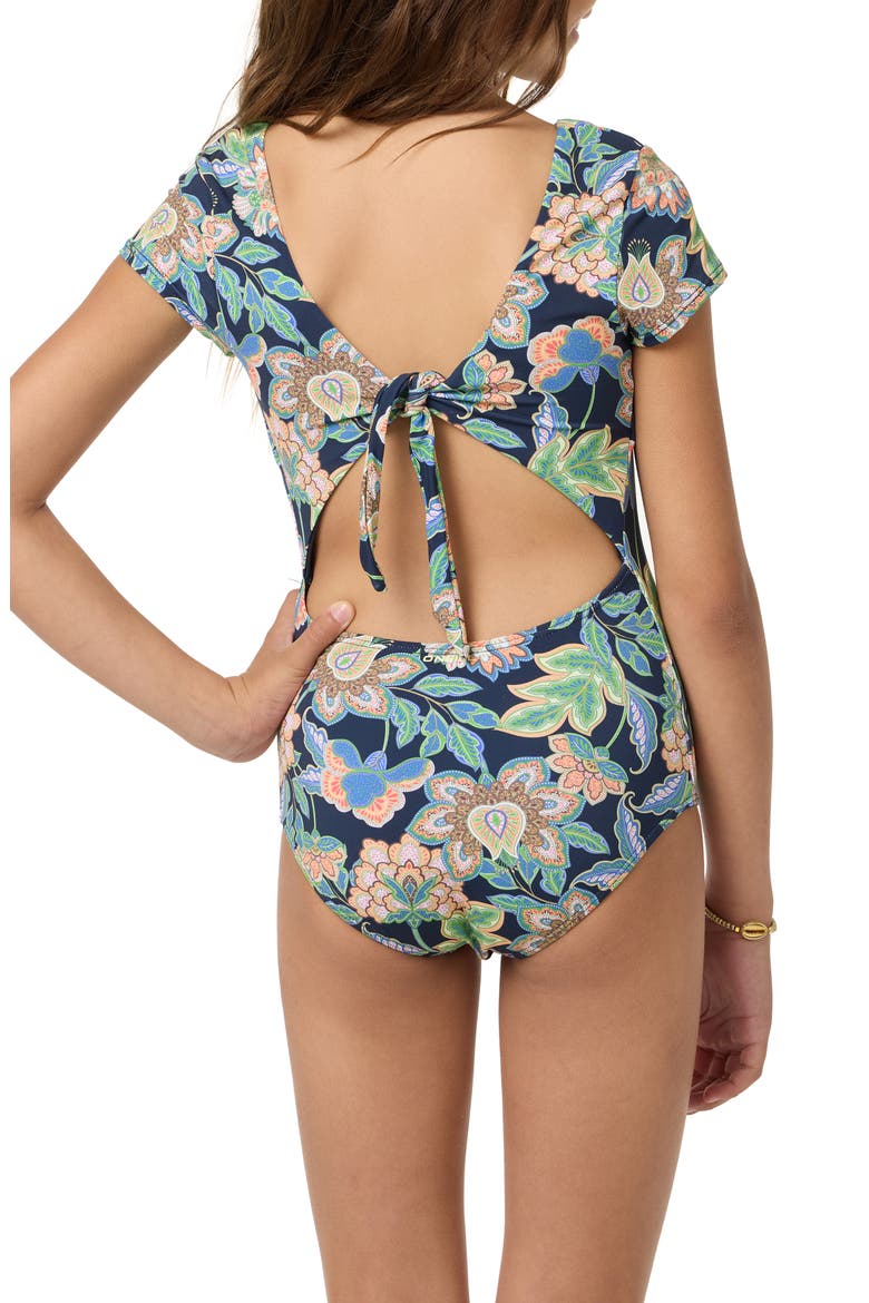Kids' Mermaid Floral Tie Back One-Piece Swimsuit, Alternate, color, NAVY