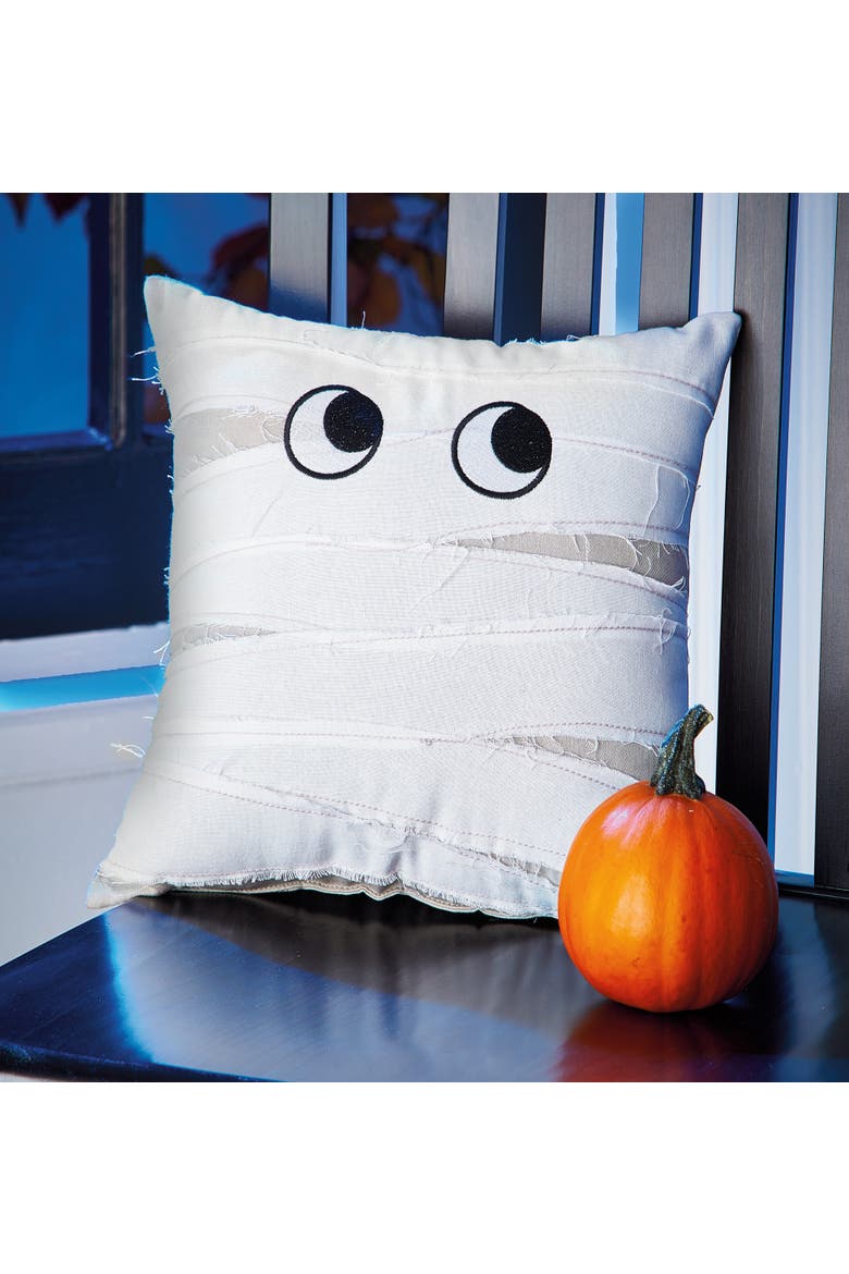 Halloween Mummy Embroidered Pillow White Multi 12x12x3 in Cotton Cover, Alternate, color, white