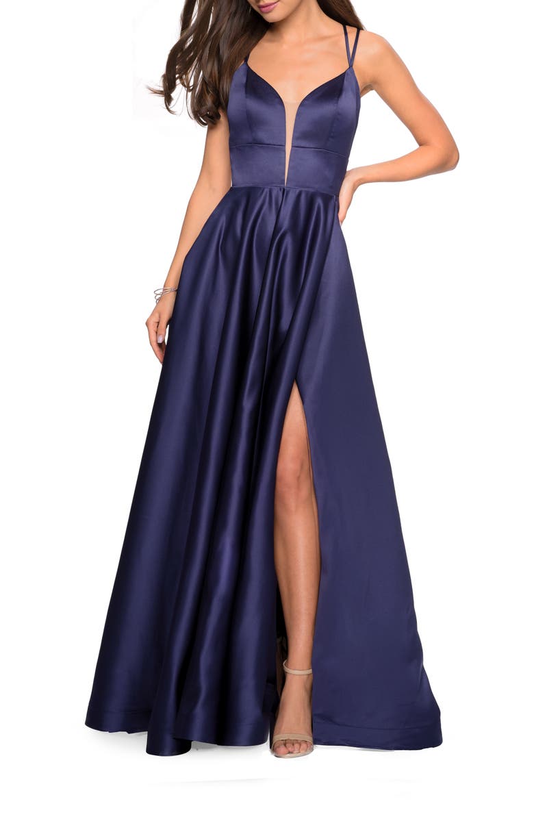 La Femme Long Satin Formal Gown with Leg Slit and Strappy Back, Main, color, Navy