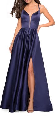La Femme Long Satin Formal Gown with Leg Slit and Strappy Back