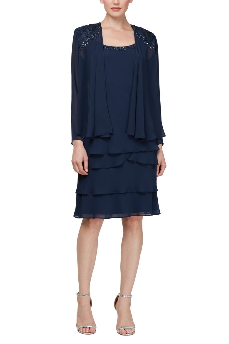 SLNY Tiered Chiffon Cocktail Dress with Jacket, Main, color, NAVY