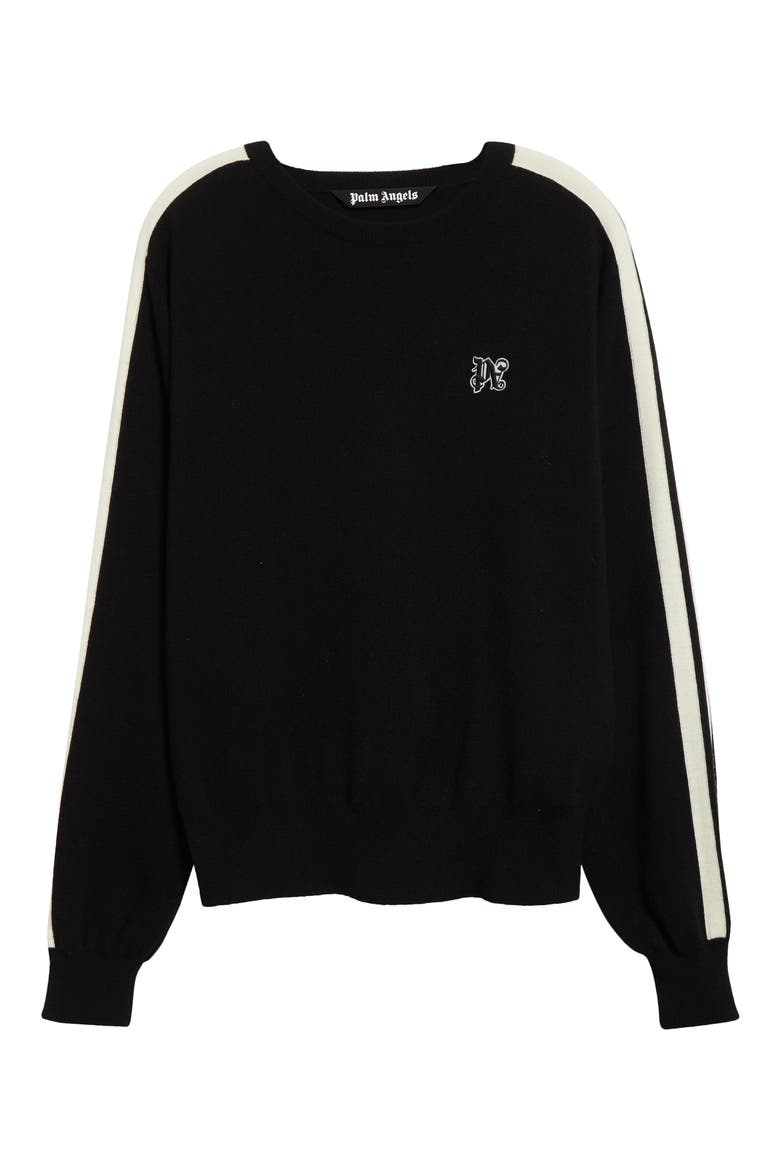 Monogram Track Stripe Crewneck Sweater, Alternate, color, BLACK OFF WHITE
