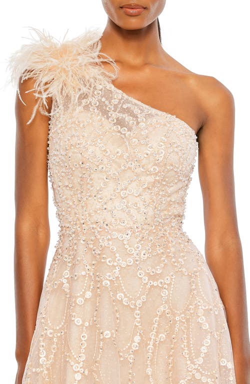 Mac Duggal Embellished One Shoulder A Line Gown In Peach