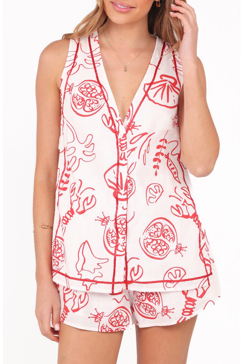 Cefalu Sea Life Print Sleeveless Button-Up Shirt & Shorts Set, Alternate, color, RED LOBSTER