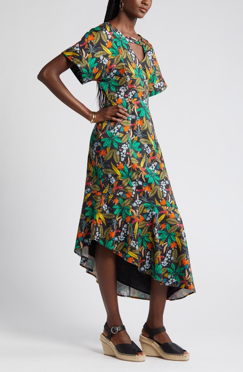 Du Paradis Floral Asymmetric Hem Dress, Alternate, color, Midnight Forest