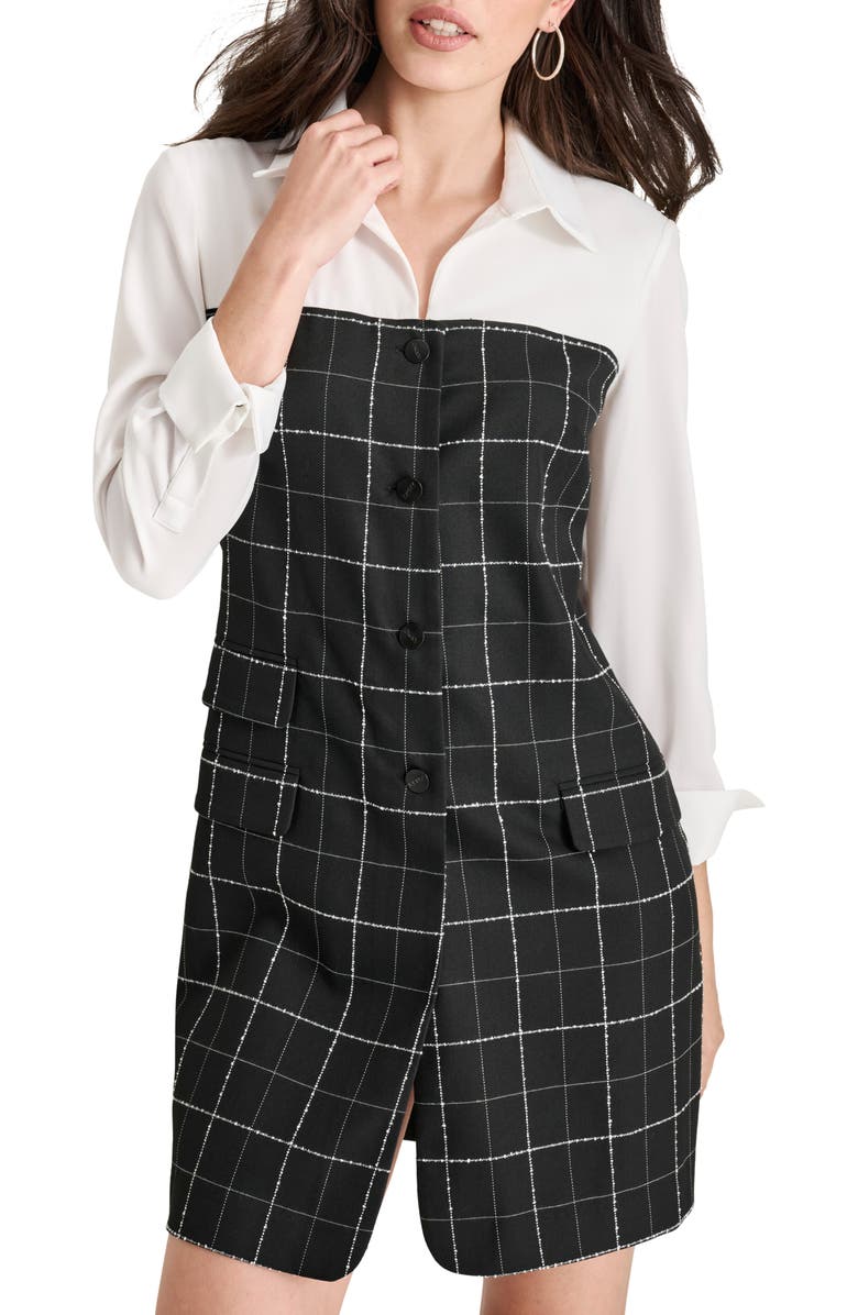 DKNY Windowpane Button Front Dress, Alternate, color, Black/ Ivory Checkered