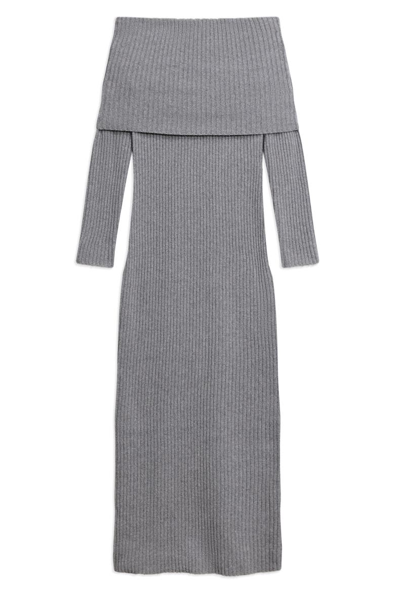 Off the Shoulder Long Sleeve Rib Wool & Cashmere Maxi Dress, Alternate, color, GREY HEATHER
