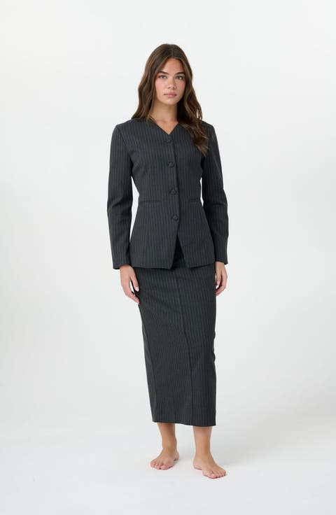 Maeve Pinstripe V Neck Covered Button Blazer