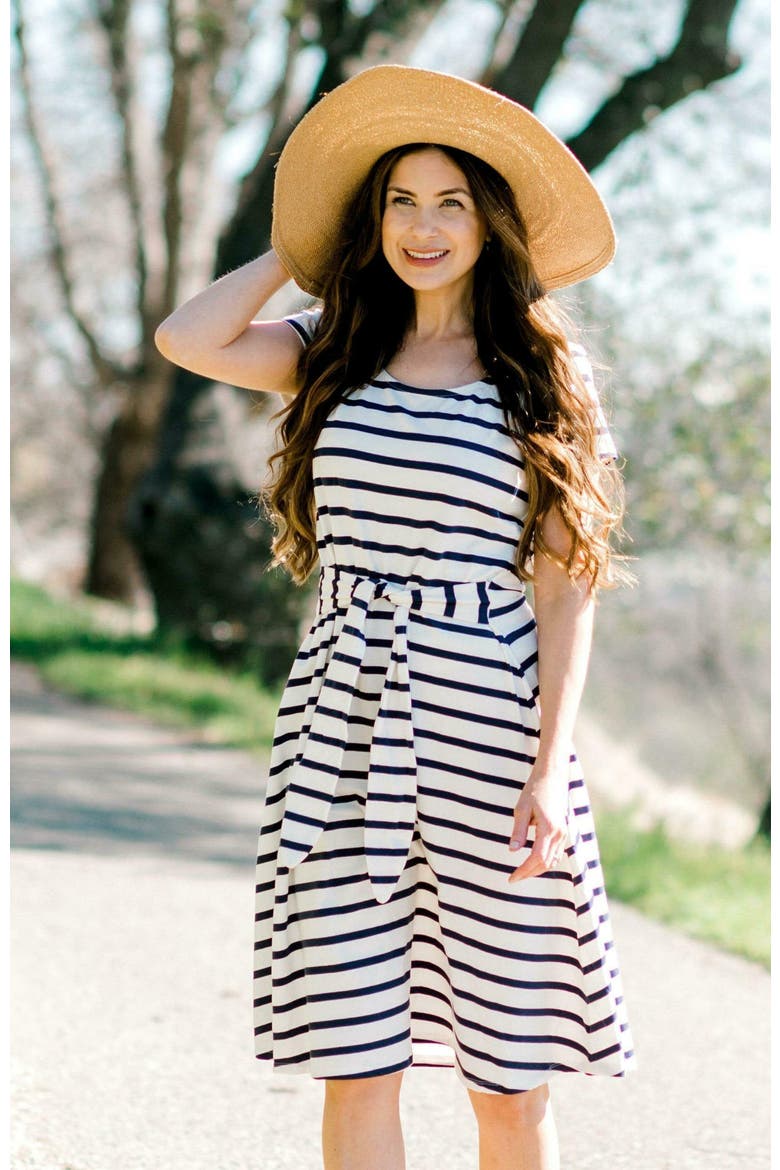 Women's Organic Tie-Waist Knit Dress, Alternate, color, White with Navy Stripe