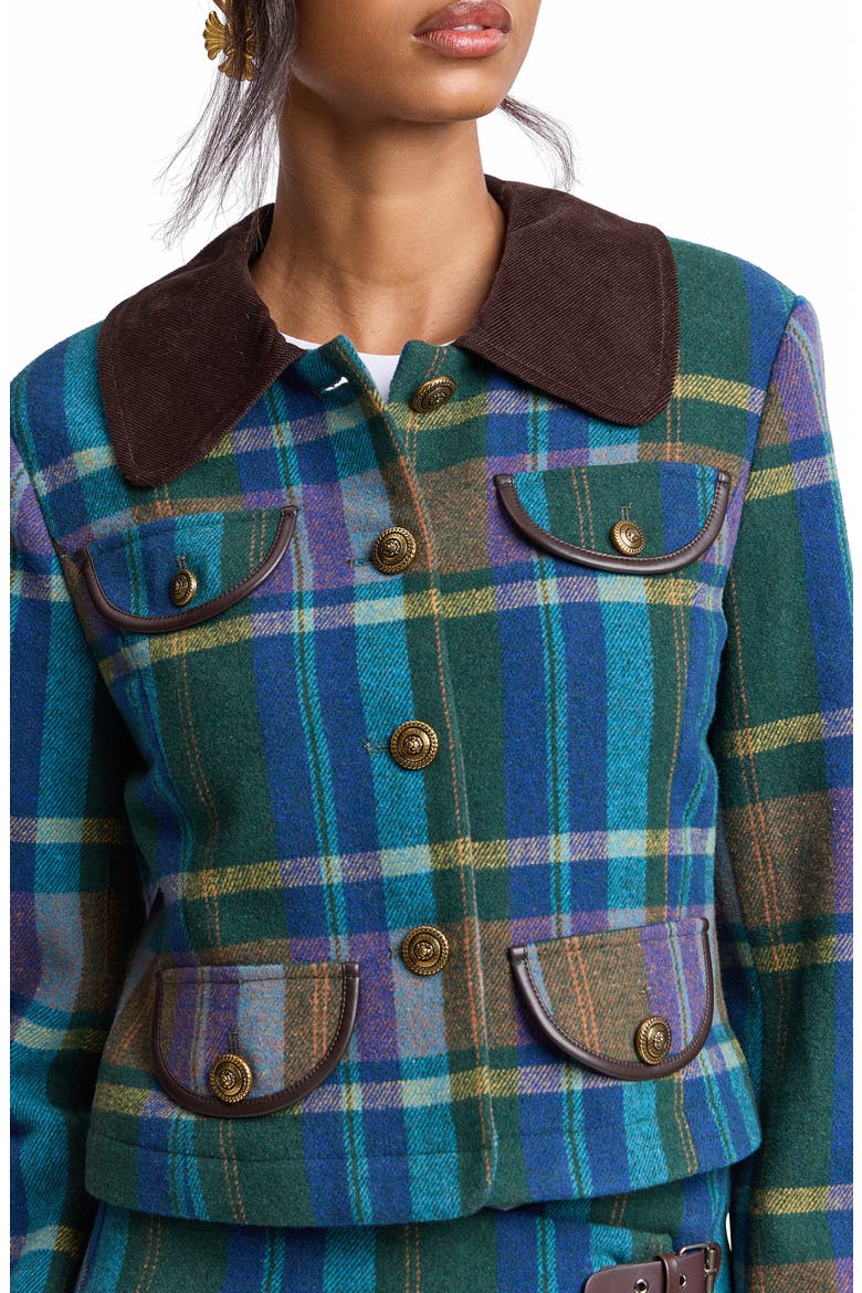 Plaid Jacket with Faux Leather Trim, Alternate, color, GREEN MULTI