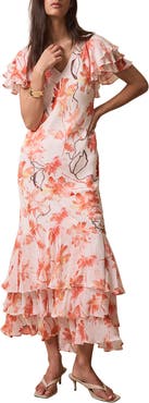 MINT VELVET Floral Ruffle Tie-Back Midi Dress