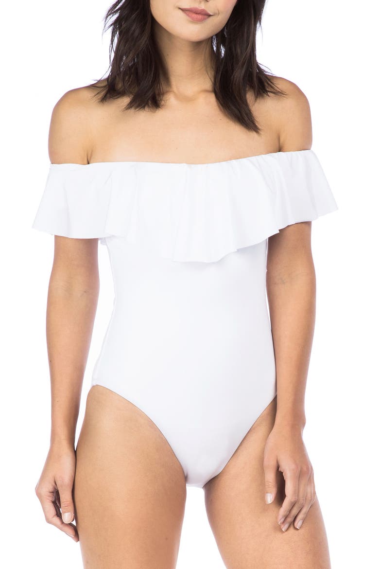Off the Shoulder One-Piece Swimsuit, Main, color, WHITE