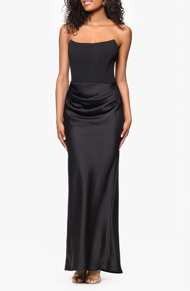 Betsy & Adam Strapless Mixed Mediia Gown, Main, color, Black