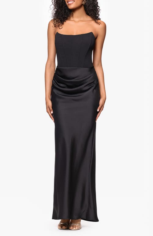 BETSY & ADAM BETSY & ADAM STRAPLESS MIXED MEDIIA GOWN