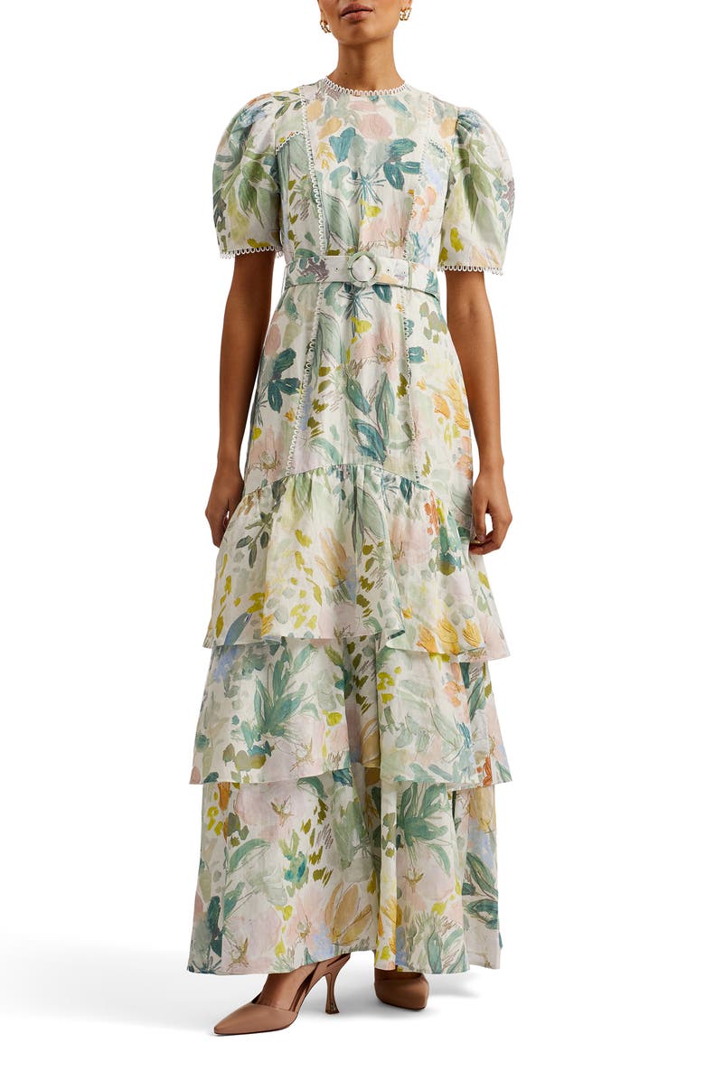 Ted Baker London Devero Floral Belted Tiered Linen Maxi Dress, Main, color,