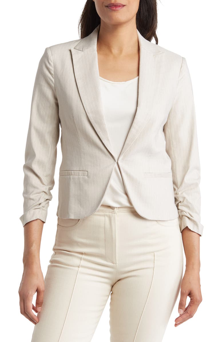 Amanda & Chelsea Pinstripe Ruched 3/4 Sleeve Blazer, Main, color, 