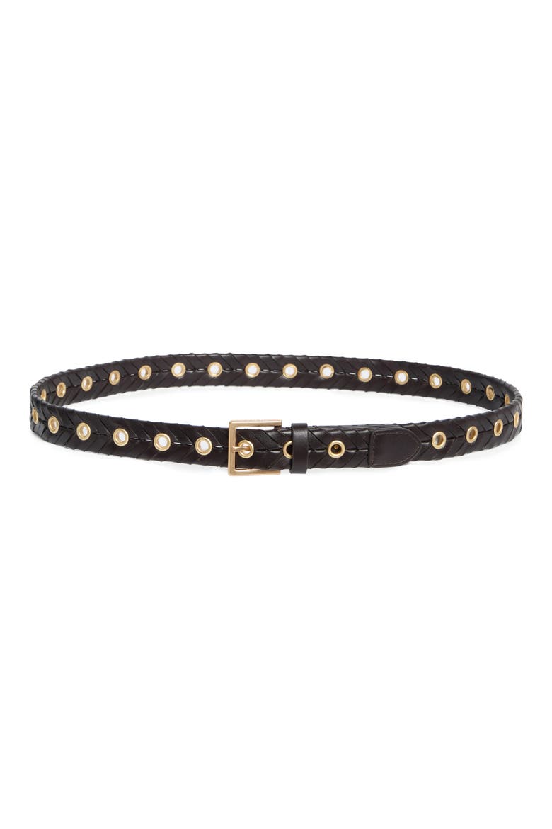 Eyelet Woven Leather Belt, Main, color, BITTER BROWN / WARM BRASS
