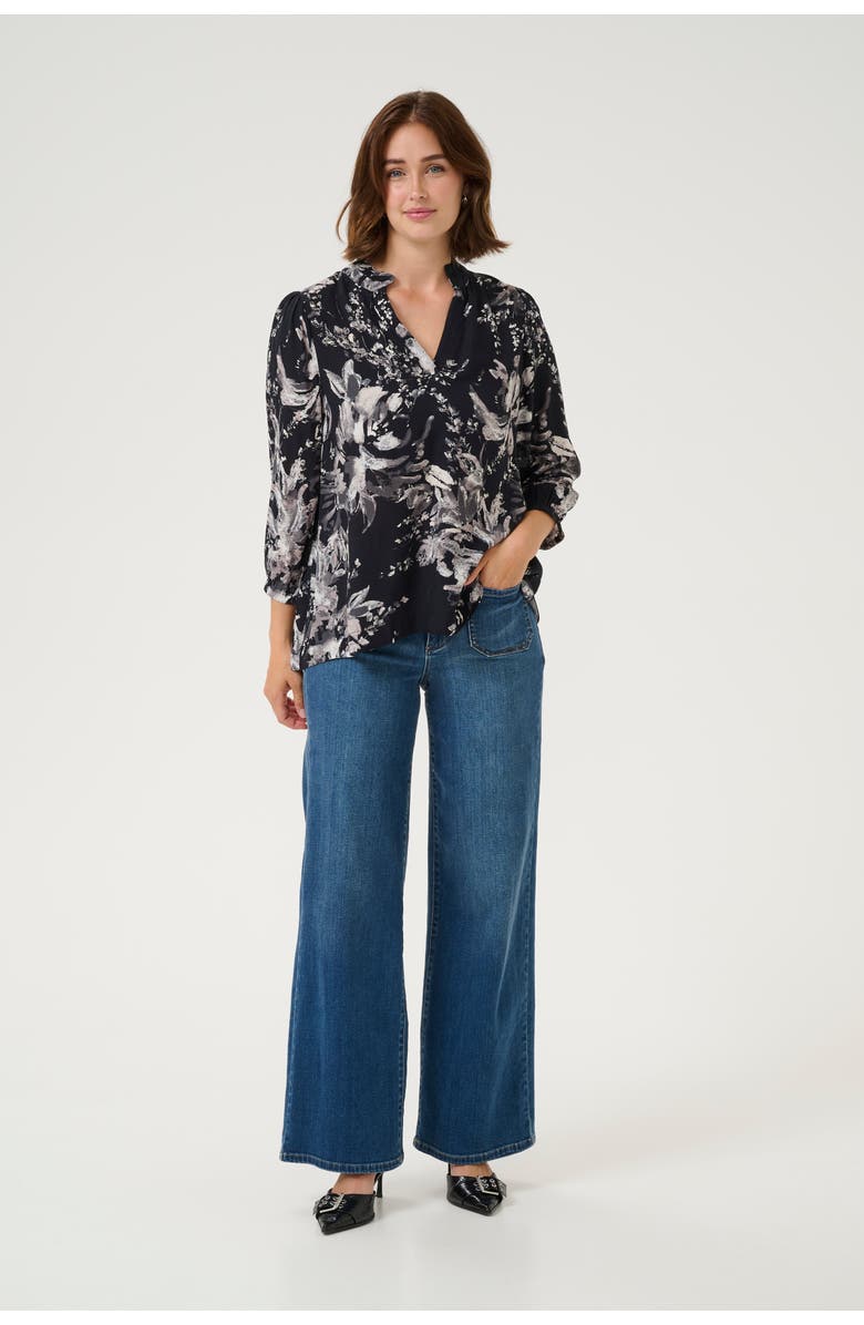 Kaffe KAisa 3/4 Sleeves A-line Fit Blouse, Alternate, color, Black/White Flower