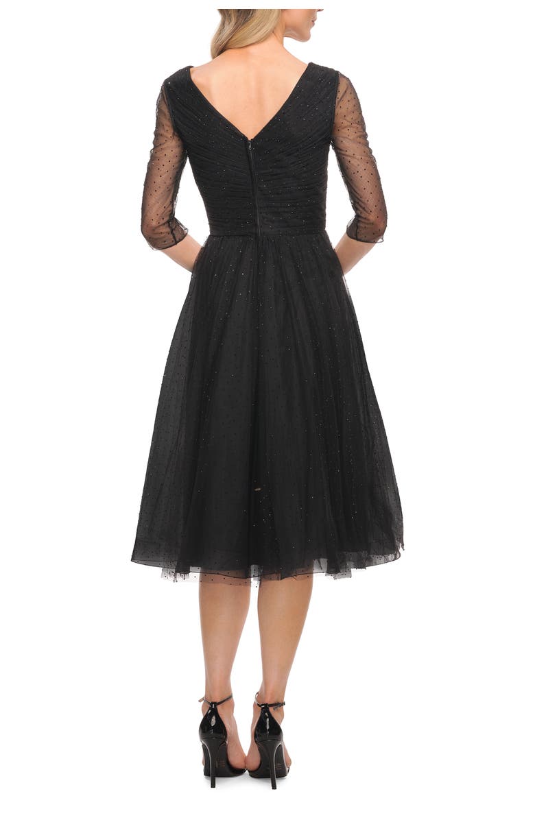 La Femme Tea Length Tulle Dress with Beading and Sheer Sleeve, Alternate, color, Black
