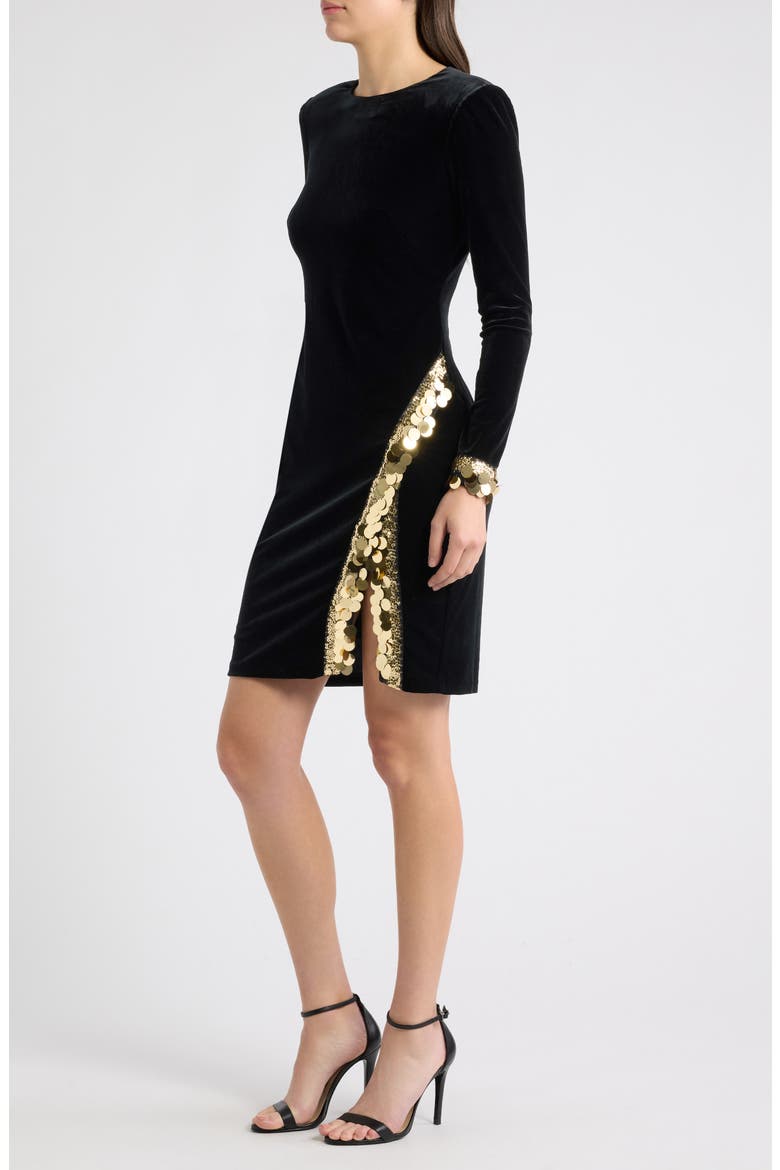 Sequin Long Sleeve Velvet Minidress, Alternate, color, BLACK