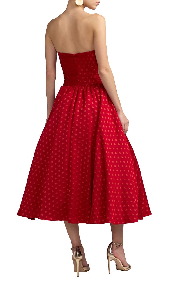 Strapless Dropwaist Polka Dot Brocade Midi Dress, Alternate, color, Red Multi