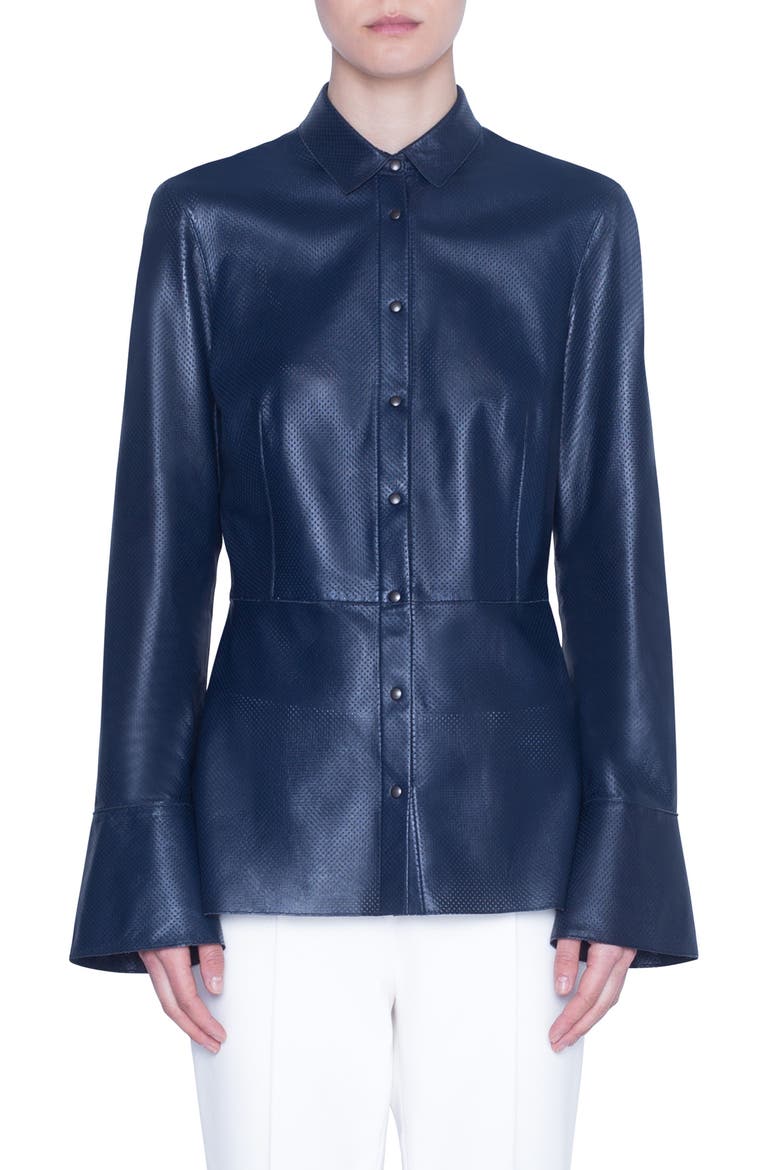 Perforated Leather Peplum Top, Main, color, NIGHT SKY