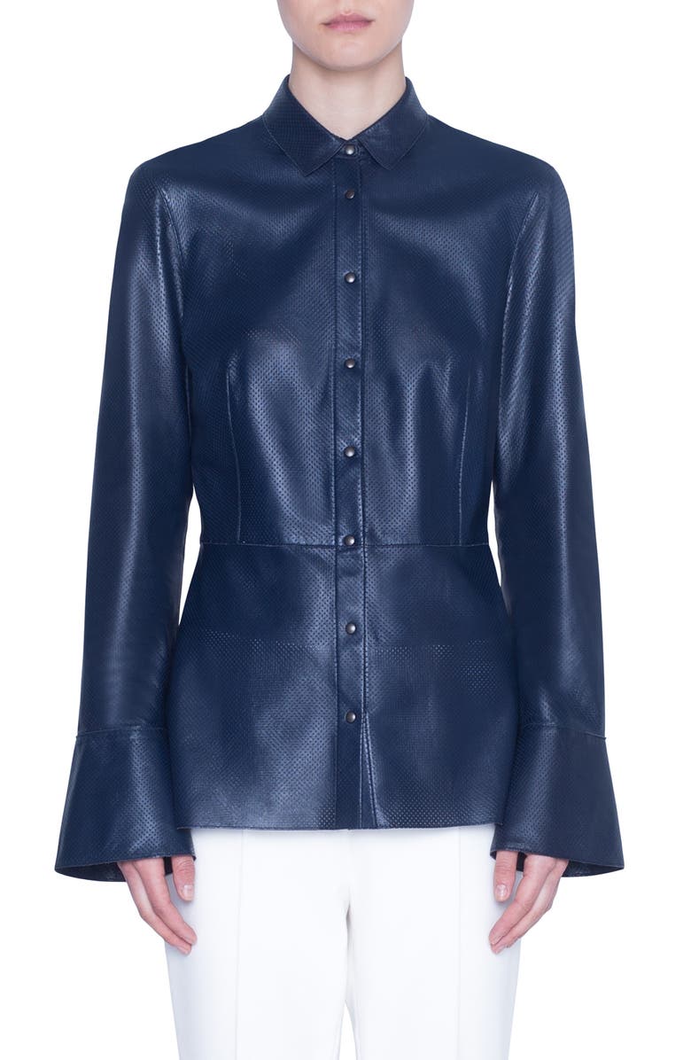 Akris punto Perforated Leather Peplum Top, Main, color, 