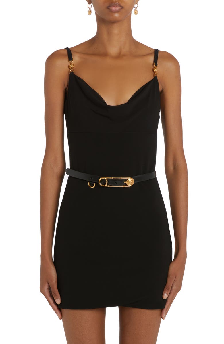 Versace Safety Pin Leather Belt, Alternate, color,