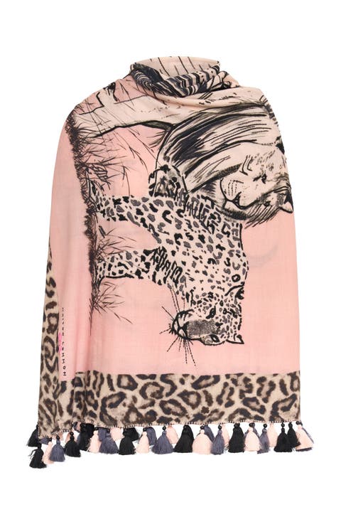 Printed And Embroidered Scarf With Tassels in safari design