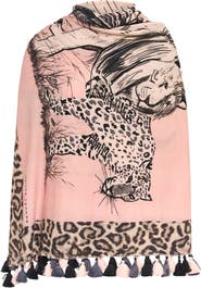 Maison Common Printed And Embroidered Scarf With Tassels in safari design