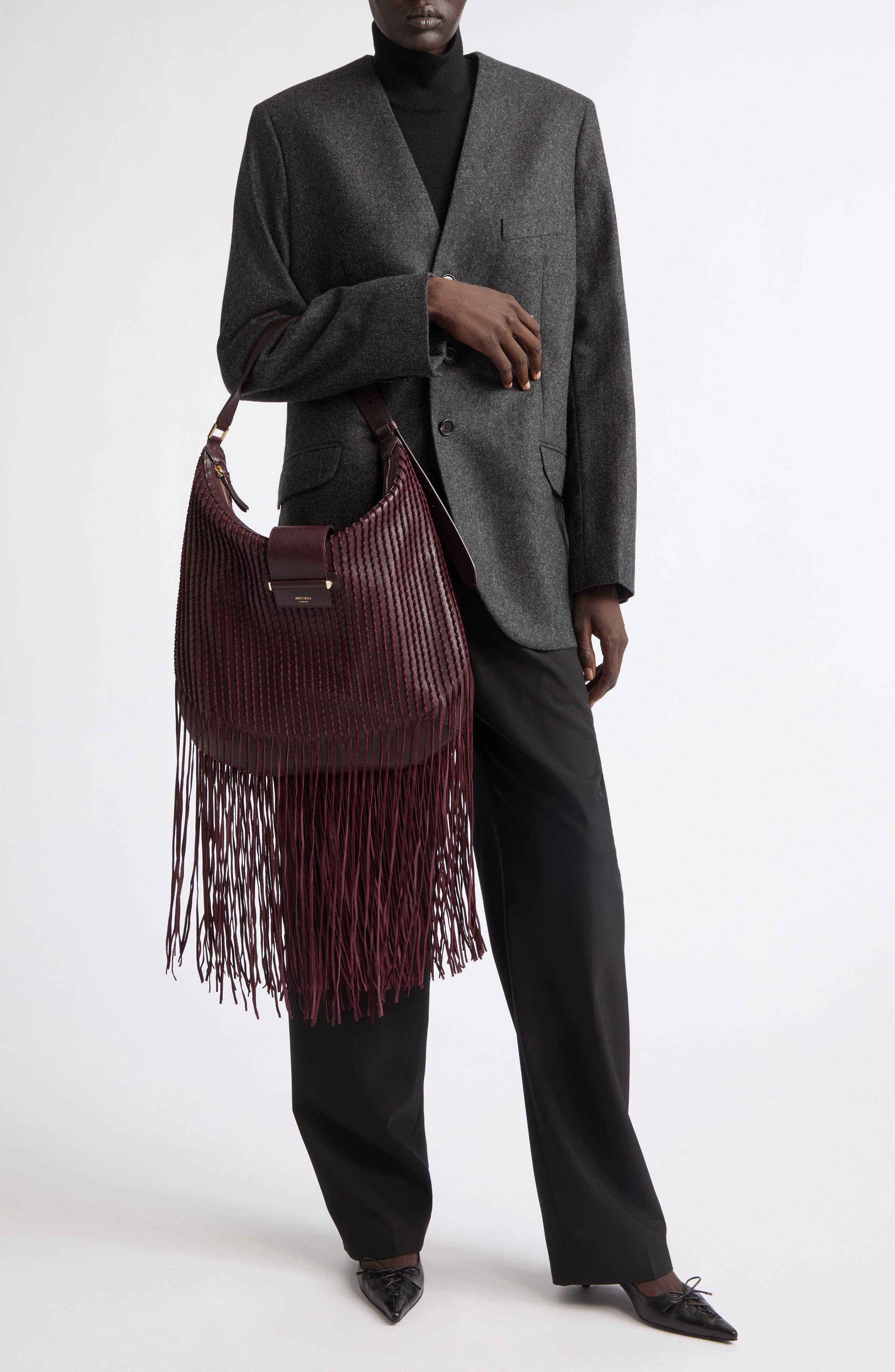 Bar Medium Leather Fringe Hobo, Alternate, color, DEEP MERLOT/ SHINY GOLD