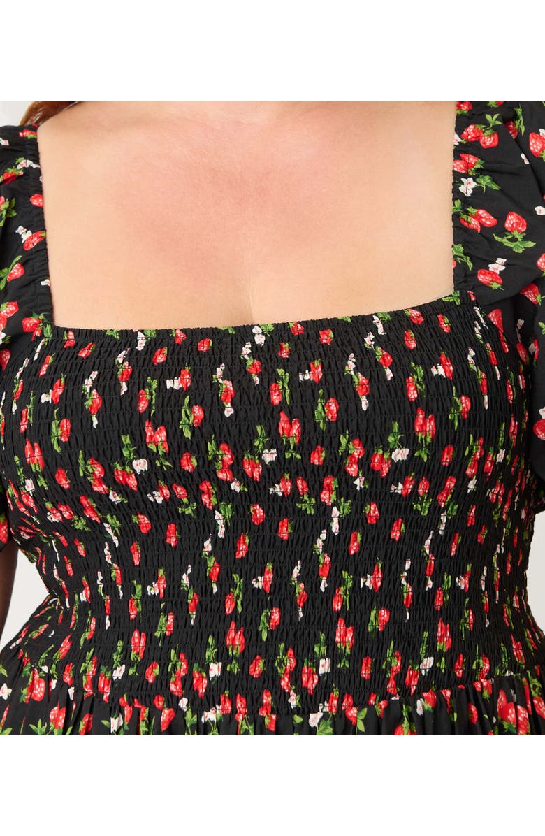 Unique Vintage Plus Size Smocked Bodice Midi Dress, Alternate, color, Black W/Strawberry Print