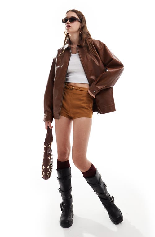 Shop Miss Selfridge Oversize Faux Leather Bomber Jacket In Brown