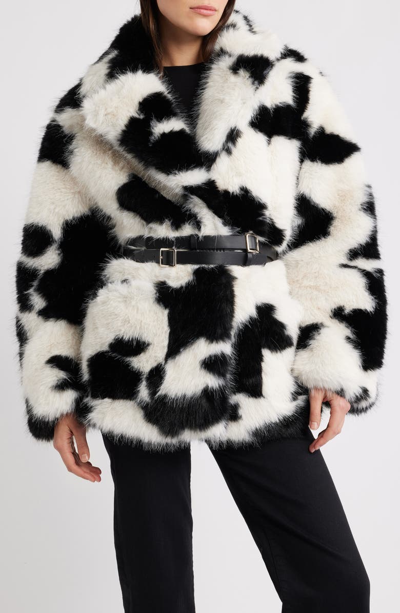AFRM Livingstone Cow Print Faux Fur Jacket, Main, color, Cattle Print Fur