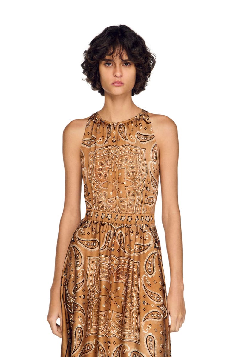 SANDRO Bandana-print maxi dress, Alternate, color, Brown / Black