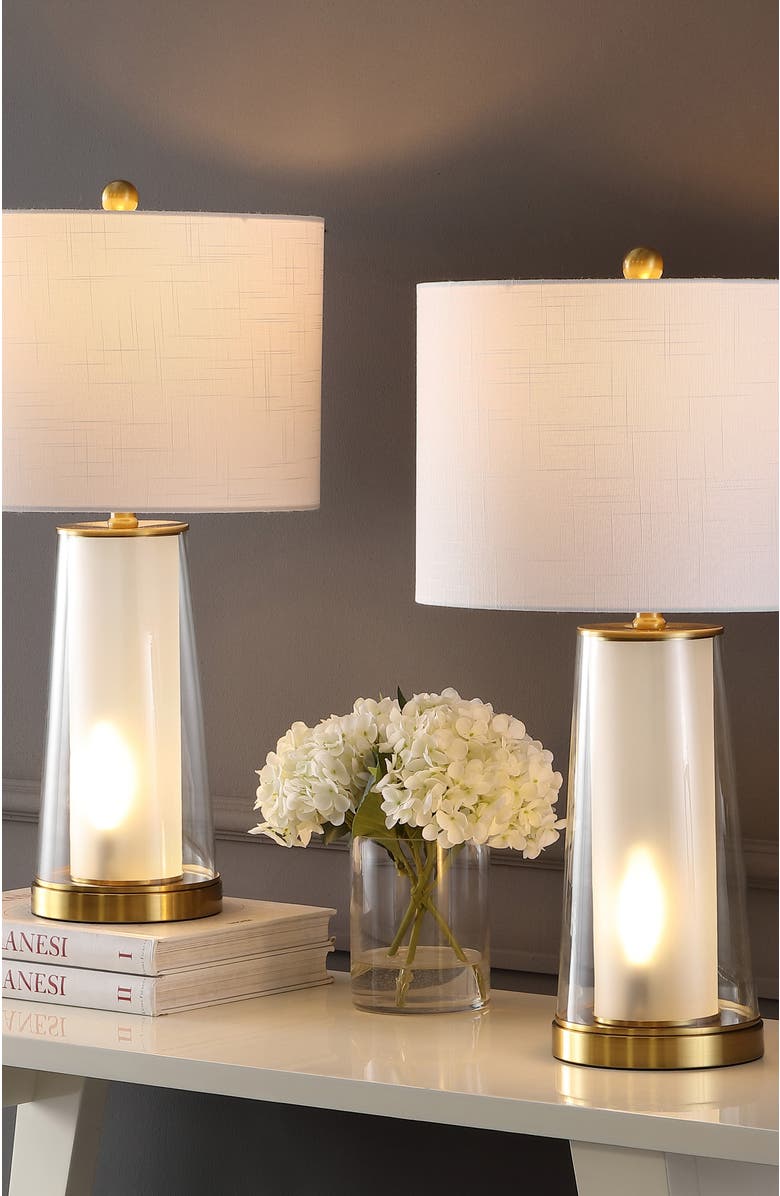 JONATHAN Y Tryon 26" Modern Minimalist Glass/Iron Nightlight LED Table Lamp, Alternate, color, Clear/Brass Gold